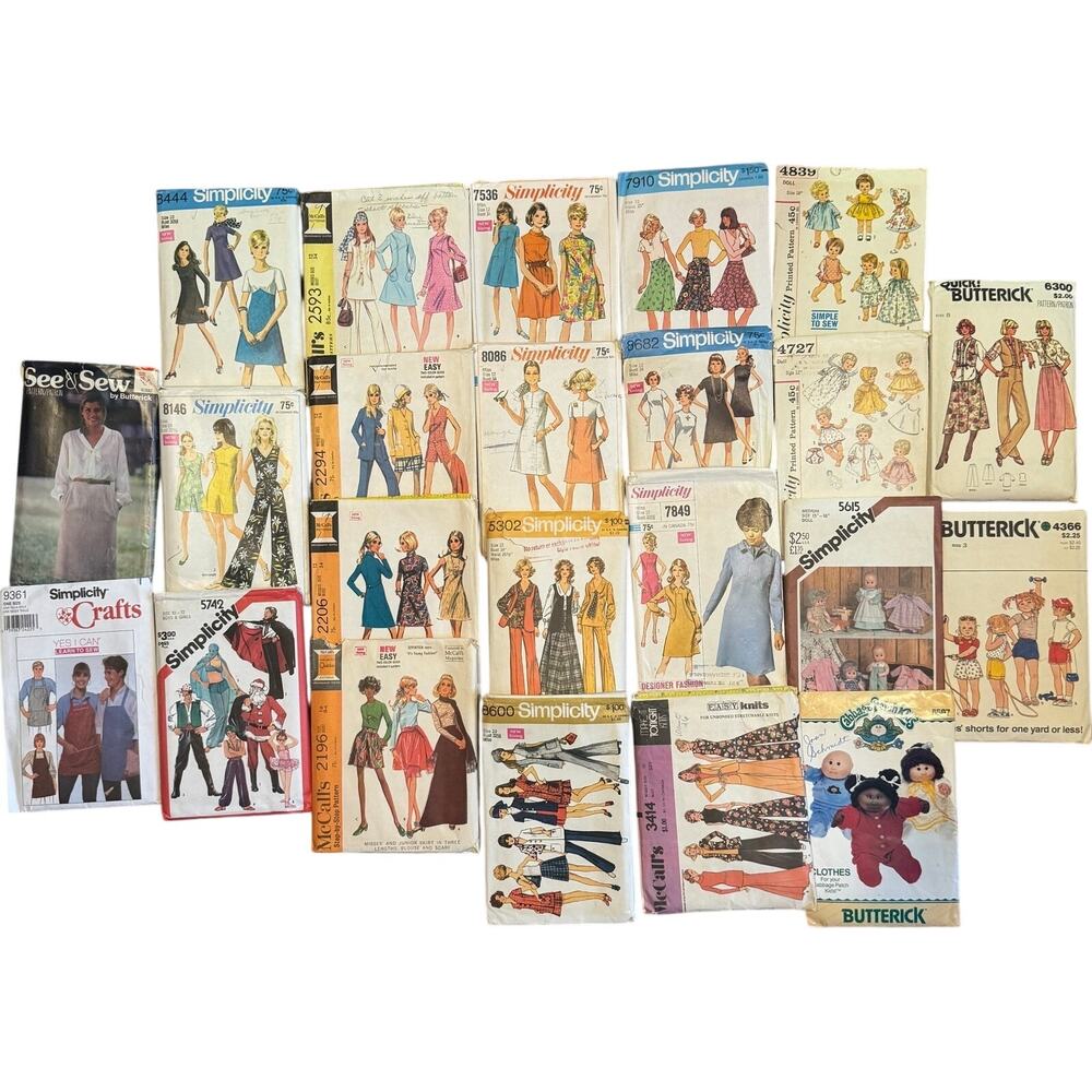 23 Vintage Sewing Patterns Lot 1960s-1980s Simplicity McCalls Butterick Dolls
